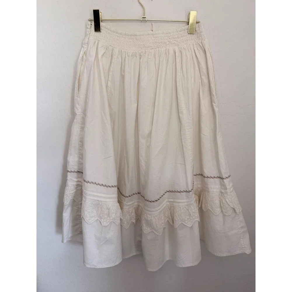 Free People Maeberrie Top & Skirt Set Ivory Embroidered Lace Boho Victorian Sz M